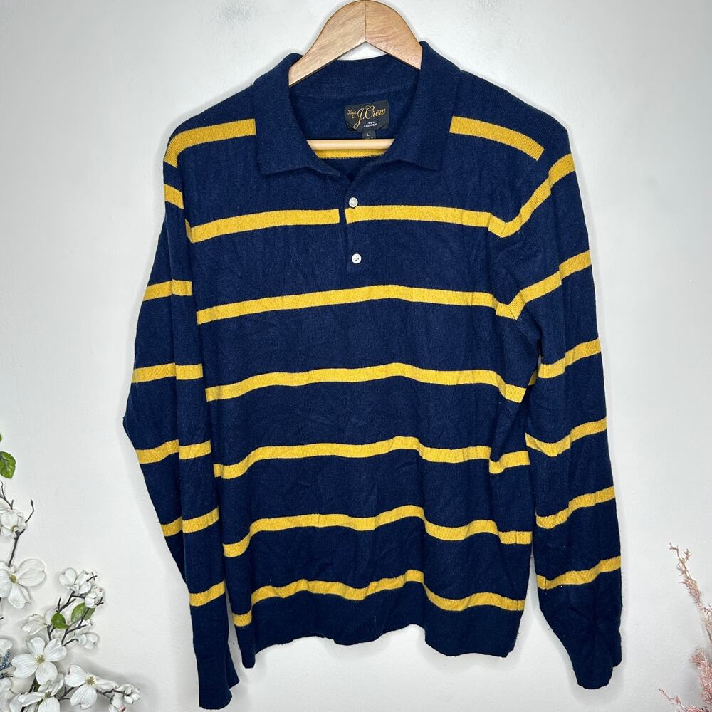 J. CREW Cashmere Collared Sweater Rugby Stripe Navy Blue Yellow Sz L $158 {N39} - Picture 3 of 7